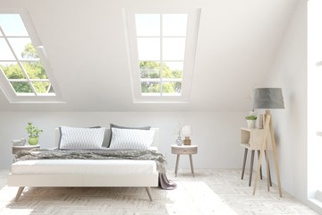 Fototapeta premium Stylish bedroom in white color. Scandinavian interior design. 3D illustration