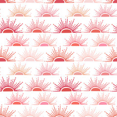 Summer background in red and pink colors. Sun rays seamless pattern. Colorful textile design. Retro repeating pattern.