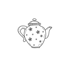 Vector illustration of a kettle in the style of a doodle. linear hand-drawn drawing. Tea party symbol