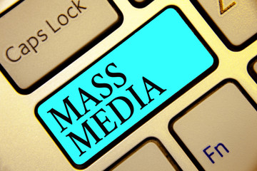 Writing note showing Mass Media. Business photo showcasing Group people making news to the public of what is happening Keyboard blue key Intention computer computing reflection document