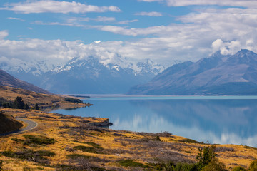 view of Lake Pukaki with Mount Cook reflection, New Zealand