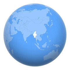 Myanmar on the globe. Earth centered at the location of the Republic of the Union of Myanmar. Map of Burma. Includes layer with capital cities.