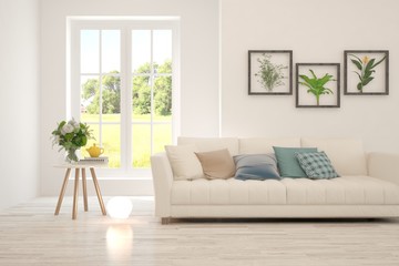 Stylish room in white color with sofa and summer landscape in window. Scandinavian interior design. 3D illustration