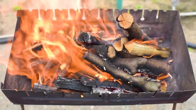 Close up video of burning firewood. Fire Wooden Logs Outdoors Bbq Stock Image
