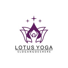 Yoga logo design stock. Human meditation in lotus flower vector illustration in purple color