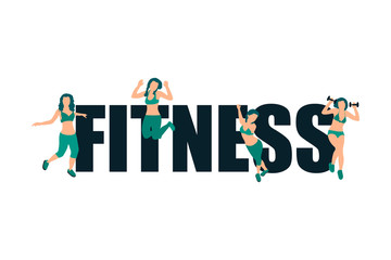 Fototapeta premium Fitness concept vector sport illustration with young girls workout with equipment. Lifestyle design strong women character training. Big letters fitness. Flat landing page, banner, promotion poster