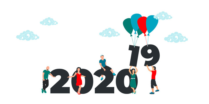 New Year flat vector concept illustration. Business people building the numbers 2020 and launch into the cloud sky 2019 in balloons and celebrate the upcoming chinese year of rat. Calendar design