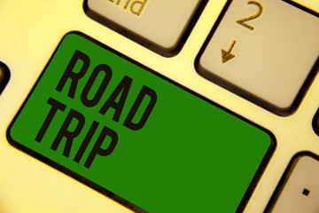Writing note showing Road Trip. Business photo showcasing Roaming around places with no definite or exact target location Keyboard green key Intention computer computing reflection document