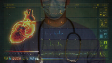 Doctor checking heart and brain testing result, analysis with modern virtual interface in laboratory. Innovative technology in science and medicine. Concept: Futuristic medicine, The human body.
