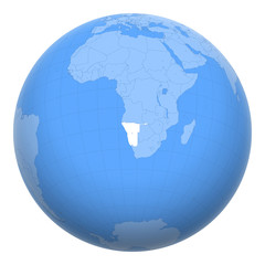 Namibia on the globe. Earth centered at the location of the Republic of Namibia. Map of Namibia. Includes layer with capital cities.
