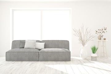 Stylish room in white color with sofa. Scandinavian interior design. 3D illustration