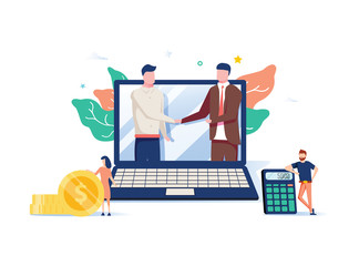 Two business partners shaking hands in big laptop. Online business, Partnership and agreement, with small employ around