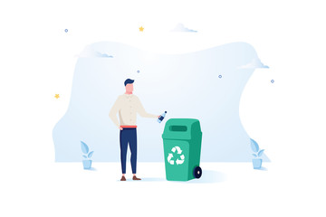 Man throws a plastic bottle into the trash can. The concept of caring for the environment and sorting garbage. Vector