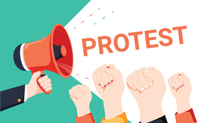 Male hand holding megaphone with protest speech bubble. Loudspeaker. Banner for business, marketing and advertising.