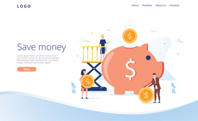 Large piggy bank with business people and golden coin. Financial services, small bankers are engaged in work, saving