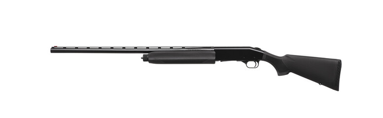 Modern black shotgun isolate on white background. Black semi-automatic shotgun on a light...