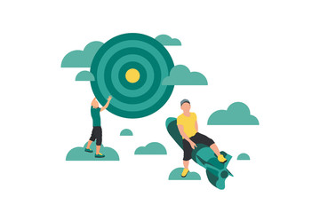 Business concept flat vector illustration with man on rocket fly to darts board target in clouds sky. Goal achievement. Success business idea. Move up motivation banner design, presentation poster