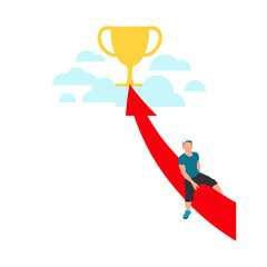 Business concept flat vector illustration with man on arrow fly to golden cup target. Goal achievement. Success business idea. Move up motivation banner design, presentation poster