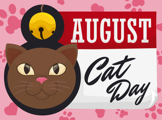 Calendar with Cat Face and Bell for International Cat Day, Vector Illustration