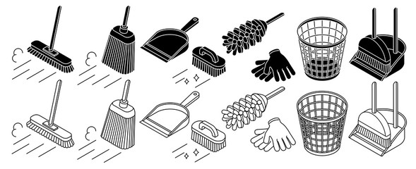 Cleaning tools set, broom, basket trash can thin line icon, isolated on white. Vector illustration.