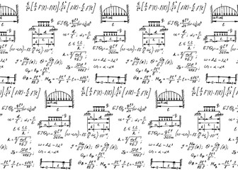 Physics seamless pattern with the equations, figures, schemes, formulas and other calculations on whiteboard. Retro scientific and educational handwritten vector background.