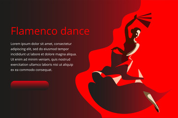 A slender woman with a fan dancing flamenco. Banner or invitation card template.