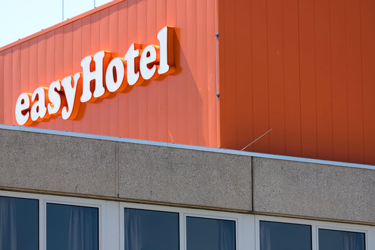 HOOFDDORP, THE NETHERLANDS - JUNE 28, 2019: easyHotel sign. easyHotel is an international super budget hotel chain head quartered in London and listed on the AIM of the London Stock Exchange.