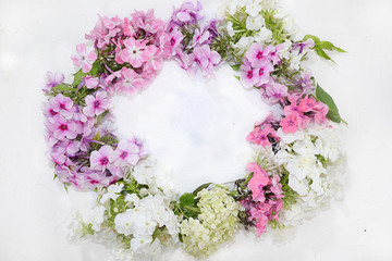 Frame of colorful summer flowers on a light table, copy space top view, flat lay, selective focus. Pink flowers on a light background, a gift for loved ones,