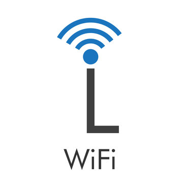 Logotipo abstracto con texto WiFi con letra L con ondas arriba en azul y gris