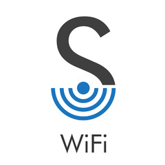 Logotipo abstracto con texto WiFi con letra S con ondas abajo en azul y gris