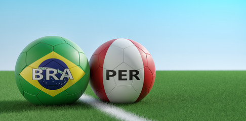 Peru vs. Brazil Soccer Match - Soccer balls in Brazil and Peru national colors on a soccer field. Copy space on the right side - 3D Rendering 