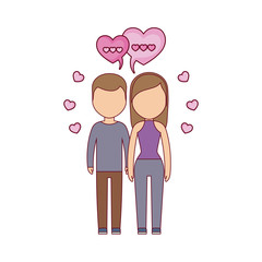 young couple lovers with speech bubbles and hearts