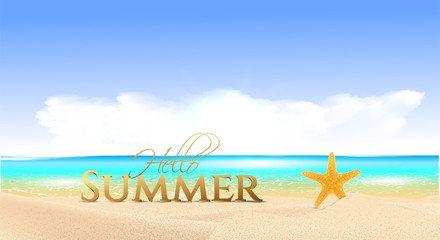 Fototapeta na wymiar Hello summer web banner background. Sea or pool with sand and sea star. Hello Summer Holiday party beach template backdrop. Vector illustration.