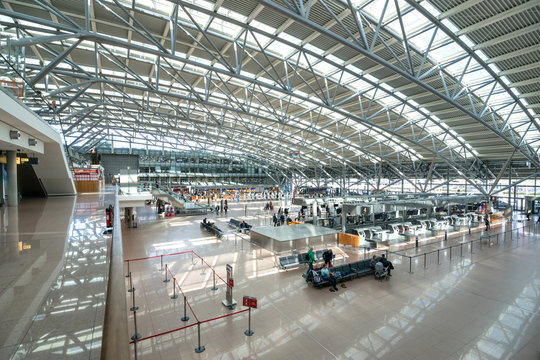 HAMBURG, GERMANY - APRIL 10, 2019: Terminal 1 of Hamburg Airport Helmut Schmidt. Hamburg Airport is the fifth-busiest of Germany's commercial airports measured by the number of passengers.