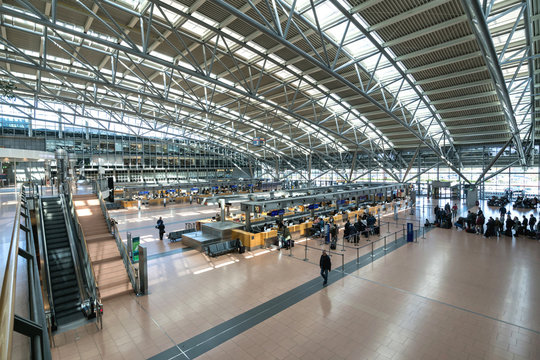 HAMBURG, GERMANY - APRIL 10, 2019: Terminal 2 of Hamburg Airport Helmut Schmidt. Hamburg Airport is the fifth-busiest of Germany's commercial airports measured by the number of passengers.