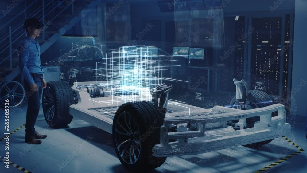 Poster Engineer Wearing Augmented Reality Headset Chooses Body for New Electric Car Concept. 3D Graphics Visualization Shows Vehicle Frame Developing in Real Time into Futuristic Concept