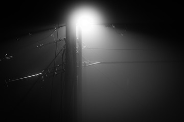 Foggy lamp post with power lines, Maine