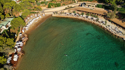 Fototapeta premium Aerial drone photo of famous paradise celebrity sandy beach of Astir or Asteras in south Athens riviera with turquoise clear waters, Vouliagmeni, Greece