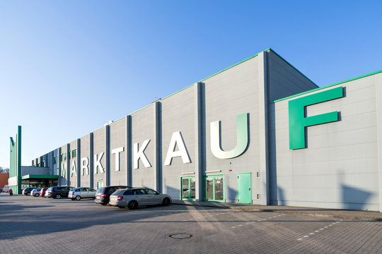 ELMSHORN, GERMANY - APRIL 8, 2019: Marktkauf hypermarket. The Marktkauf Holding GmbH is one of the largest German retail companies and part of the Edeka Group.