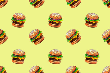 seamless pattern with junk fast food drawing by watercolor, artistic painting background, hand drawn illustration. pizza and burger set