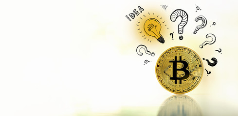 Idea light bulbs with question marks with gold bitcoin cryptocurrency coin