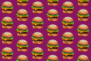 seamless pattern with junk fast food drawing by watercolor, artistic painting background, hand drawn illustration. pizza and burger set