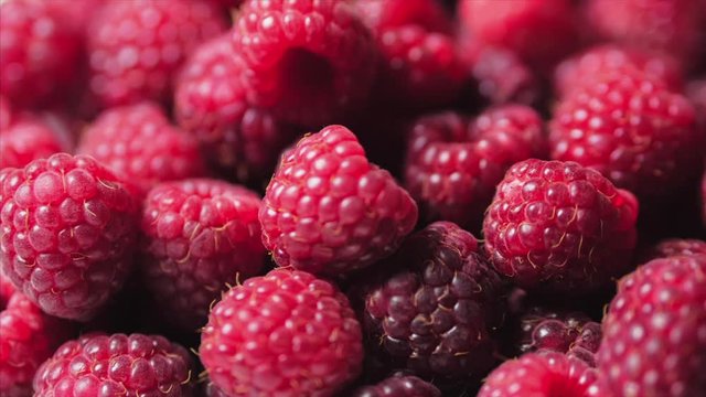 Close Up Rotation Loopable Raspberry. Fresh, Juicy Raspberry Background, Ripe. Macro Red Raspberries Fruit. Fresh Raspberry Fruits As Food Dackground. Healthy Food Organic Nutrition.