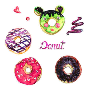 Donut variety collection, set mice shape with chocolate, pistachio, raspberry glaze, hand painted watercolor illustration with inscription isolated on white, element for design