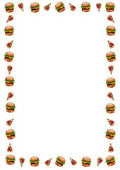 seamless pattern with junk fast food drawing by watercolor, artistic painting background, hand drawn illustration. pizza and burger set