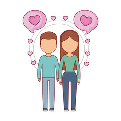 young couple lovers with speech bubbles and hearts