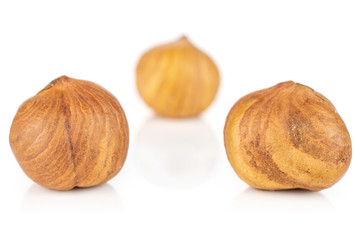 Group of three whole ripe brown hazelnut arranged symmetrically in closeup isolated on white background