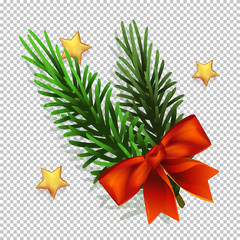  Christmas tree with bow and stars, pine fir branches. Vector illustration