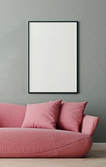 Vertical mock up poster frame in modern interior background, millennial pink sofa in living room, Scandinavian style, 3D render, 3D illustration