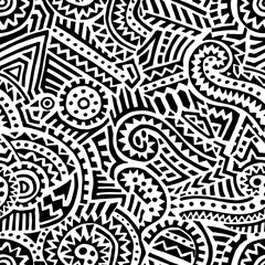 Gordijnen Zwart-wit stammenpatroon. Etnische en Azteekse motieven. Boheemse print voor textiel. Vector illustratie. © flovie
